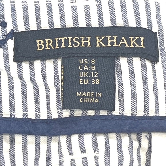 British Khaki Seersucker Mini Skirt Womens 8 Blue White Nautical Striped Anchor - Picture 6 of 7